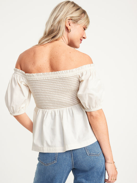 Off-The-Shoulder Smocked Babydoll Swing Blouse for Women - White