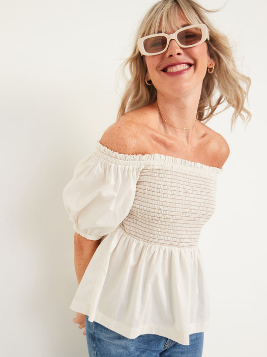 Off-The-Shoulder Smocked Babydoll Swing Blouse for Women - White