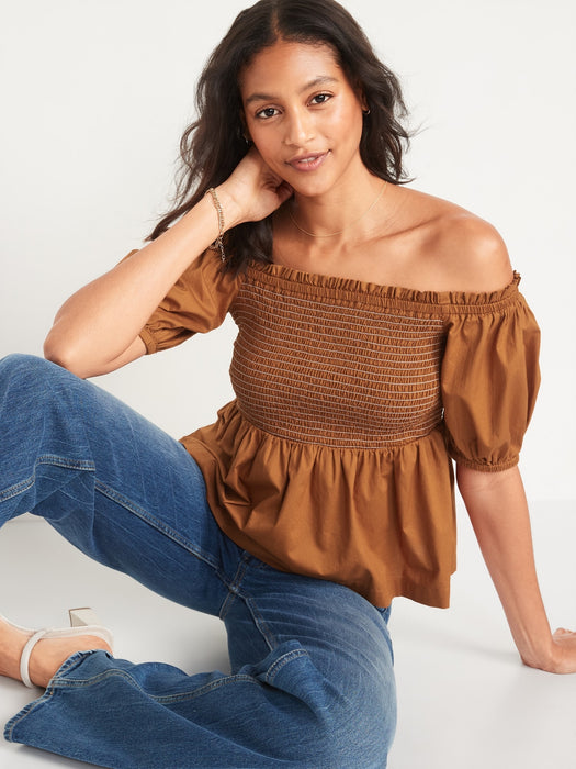 Off-The-Shoulder Smocked Babydoll Swing Blouse for Women - Multi
