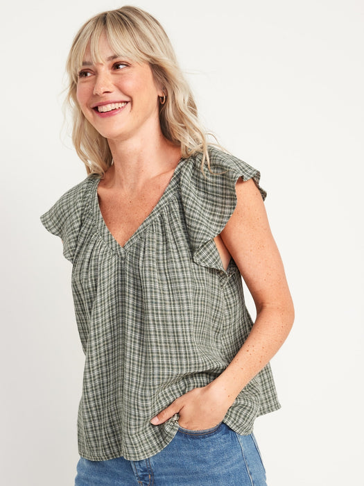 Loose Check-Pattern Flutter-Sleeve Top for Women - Green