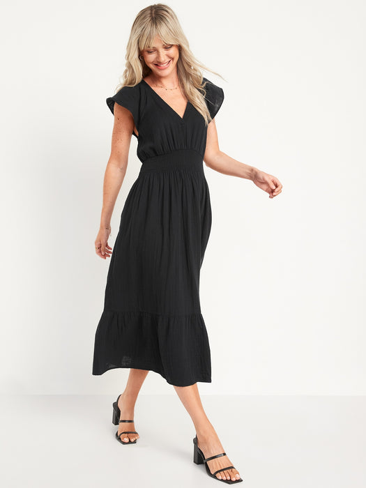 Waist-Defined Flutter-Sleeve Smocked Midi Dress for Women