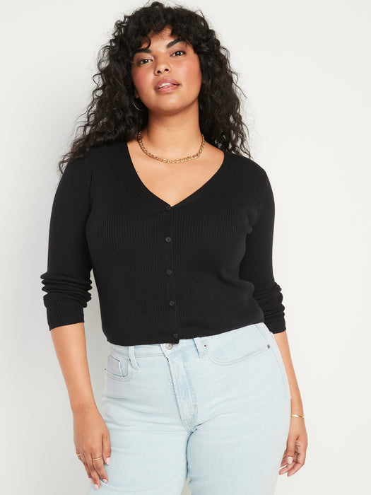 Long-Sleeve Cropped Rib-Knit Cardigan Sweater for Women