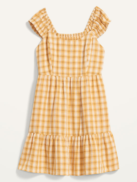Fit & Flare Cap-Sleeve Plaid Smocked Mini Dress for Women - Yellow