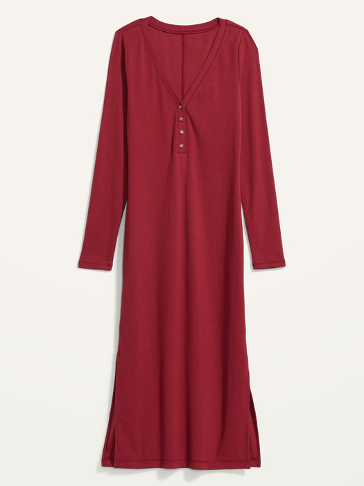 Fitted Long-Sleeve Rib-Knit Henley Midi Dress for Women
