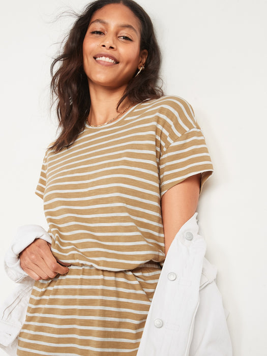 Waist-Defined Short-Sleeve Striped Cutout-Back Midi Dress for Women