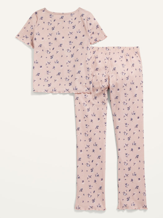 Rib-Knit Lettuce-Edge Flared Leg Pajama Set for Girls