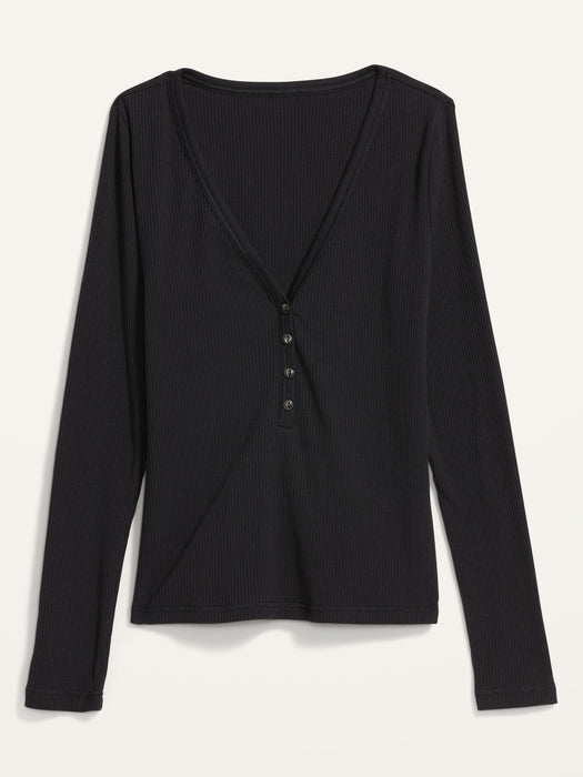 Fitted Long-Sleeve Rib-Knit Henley Top for Women