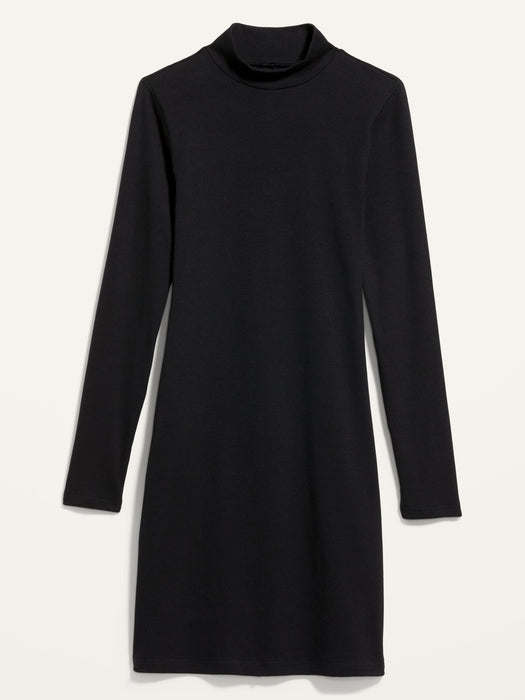 Fitted Rib-Knit Mock-Neck Mini Dress for Women - Black