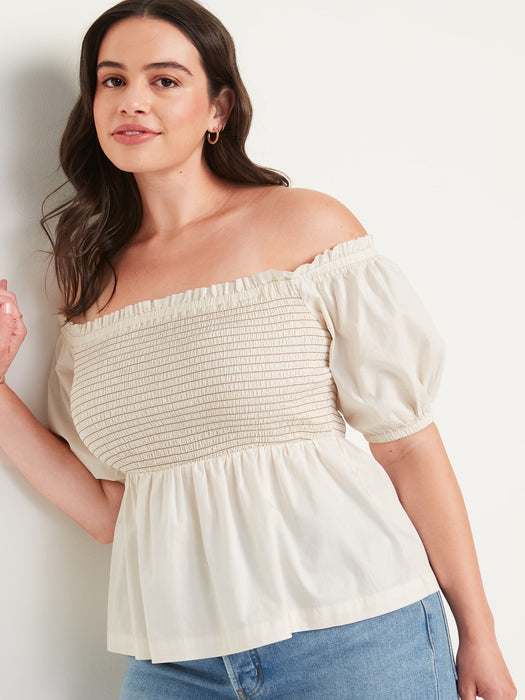 Off-The-Shoulder Smocked Babydoll Swing Blouse for Women - White