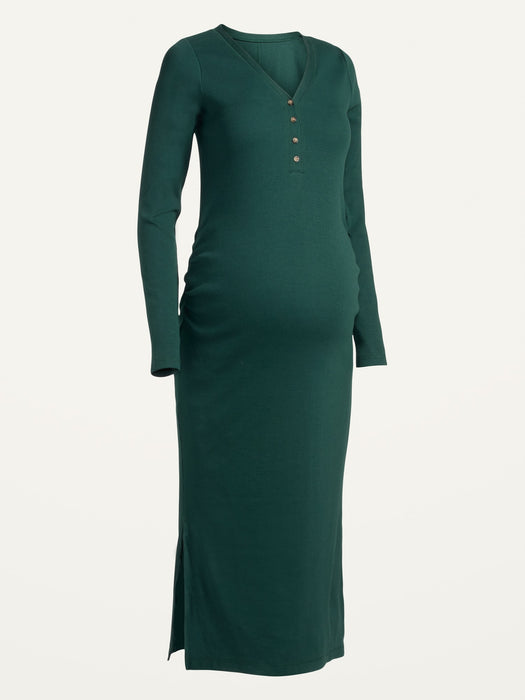 Maternity Long-Sleeve Rib-Knit Henley Midi Dress - Green