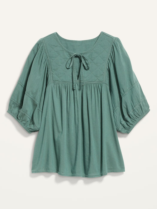Puff-Sleeve Split-Neck Quilted Swing Blouse for Women