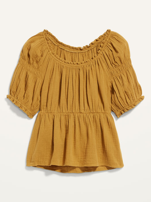 Puff-Sleeve Shirred Babydoll Blouse for Women - Yellow