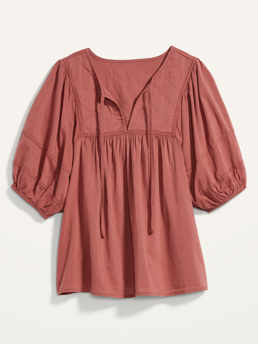 Puff-Sleeve Split-Neck Quilted Swing Blouse for Women
