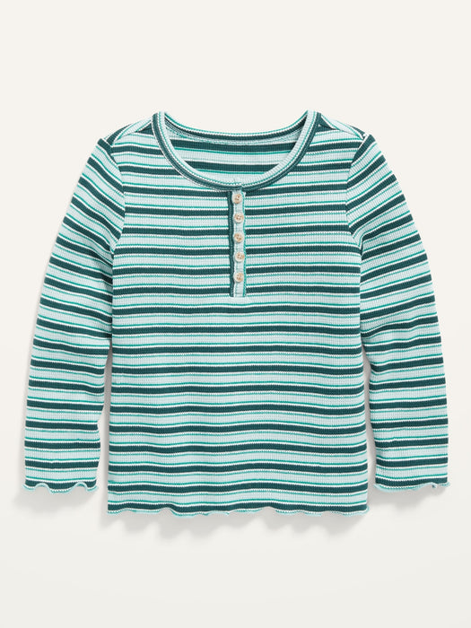 Long-Sleeve Lettuce-Edge Henley T-Shirt for Toddler Girls - Blue