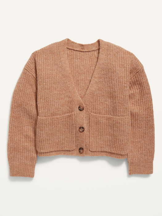Cropped Button-Front Pocket Cardigan Sweater for Girls