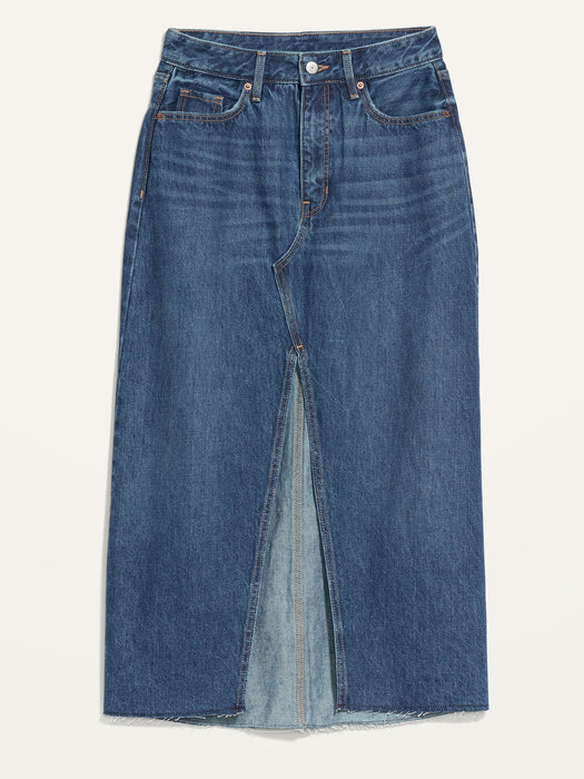 High-Waist Maxi-Jeansrock mit Schlitz vorne und Fransensaum für Damen – Blau