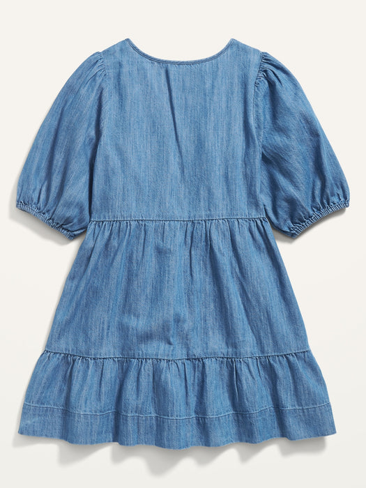 Puff-Sleeve Tie-Neck Tiered Chambray Swing Dress for Girls