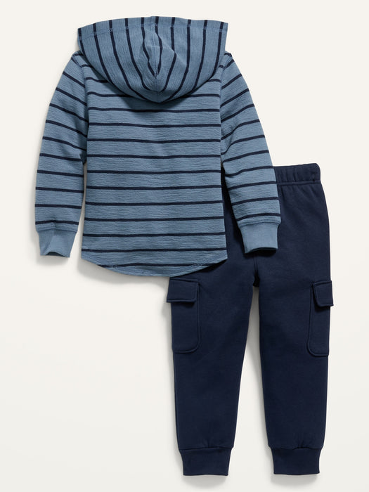 Textured Henley Hoodie and Fleece Cargo Pants Set for Toddler Boys - Blue