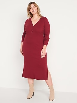 Fitted Long-Sleeve Rib-Knit Henley Midi Dress for Women