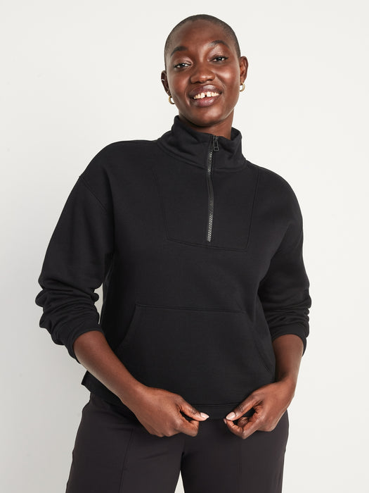Mock-Neck Quarter-Zip Fleece Sweatshirt for Women - Black