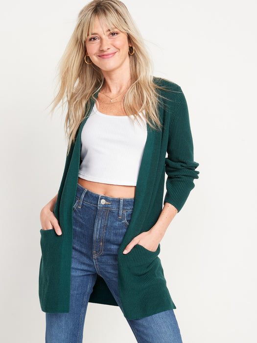 Textured Shaker-Stitch Longline Open-Front Cardigan Sweater for Women