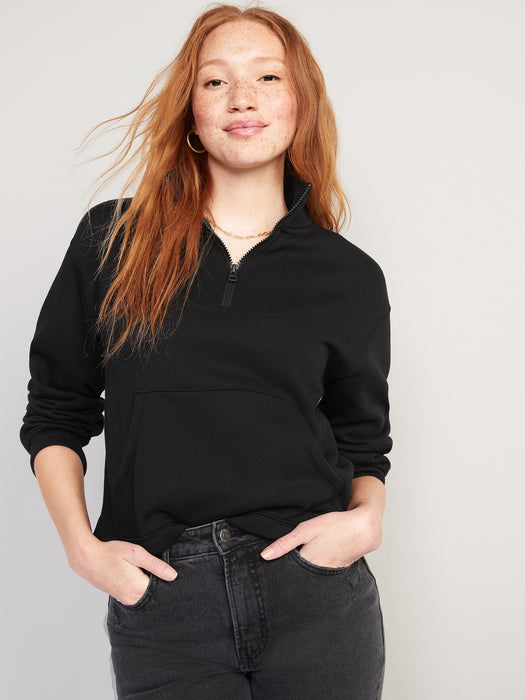 Mock-Neck Quarter-Zip Fleece Sweatshirt for Women - Black