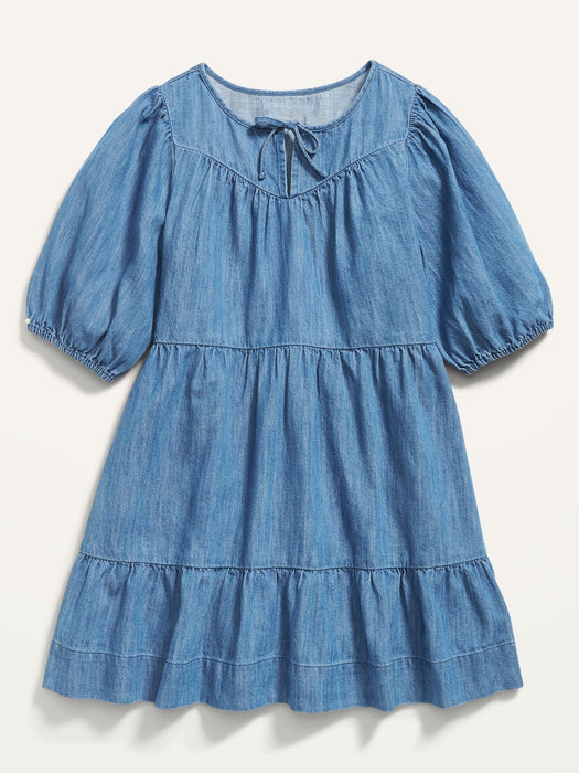 Puff-Sleeve Tie-Neck Tiered Chambray Swing Dress for Girls