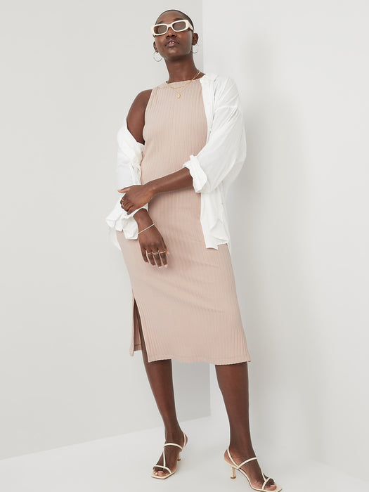 Fitted Sleeveless Rib-Knit Midi Sweater Dress for Women