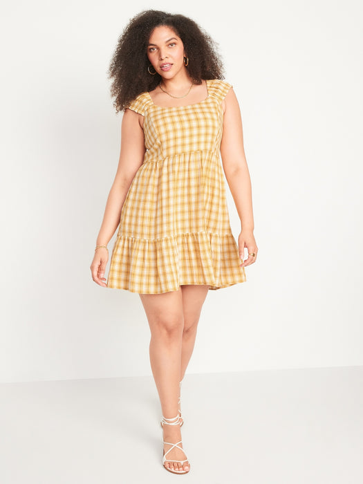 Fit & Flare Cap-Sleeve Plaid Smocked Mini Dress for Women - Yellow