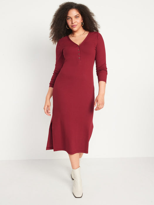 Fitted Long-Sleeve Rib-Knit Henley Midi Dress for Women