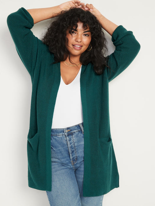 Textured Shaker-Stitch Longline Open-Front Cardigan Sweater for Women