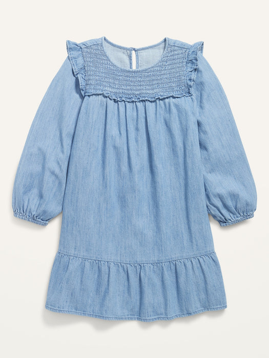 Long-Sleeve Ruffle Chambray Swing Dress for Girls