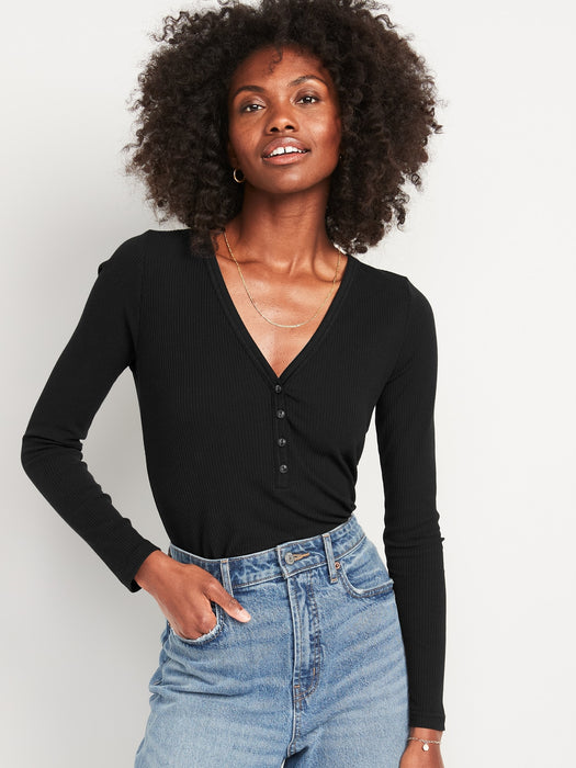 Fitted Long-Sleeve Rib-Knit Henley Top for Women