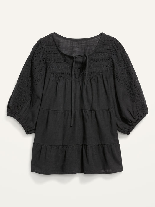 Puff-Sleeve Tiered Embroidered Swing Blouse for Women