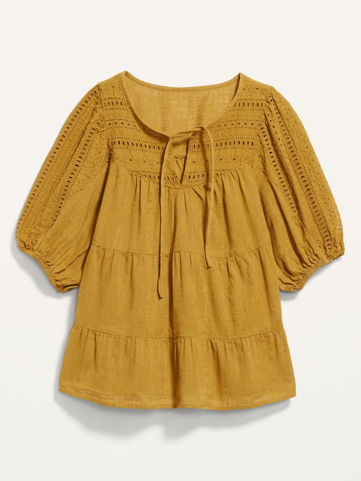 Puff-Sleeve Tiered Embroidered Swing Blouse for Women