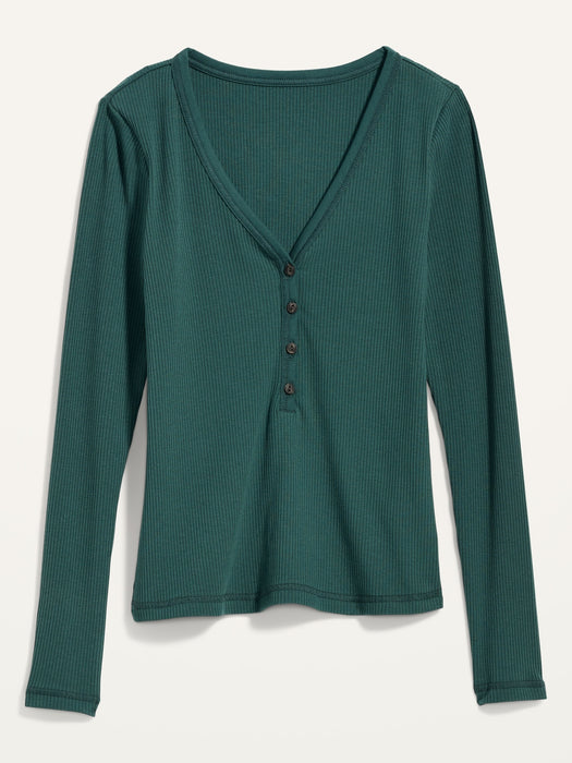 Fitted Long-Sleeve Rib-Knit Henley Top for Women