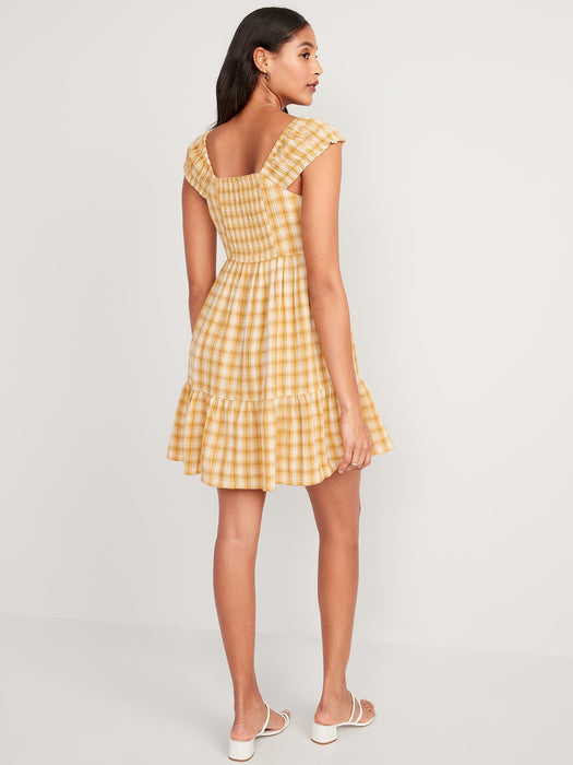 Fit & Flare Cap-Sleeve Plaid Smocked Mini Dress for Women - Yellow