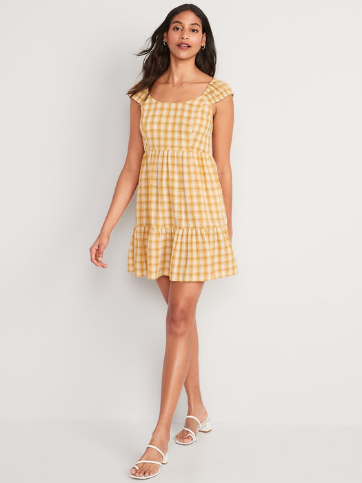 Fit & Flare Cap-Sleeve Plaid Smocked Mini Dress for Women - Yellow