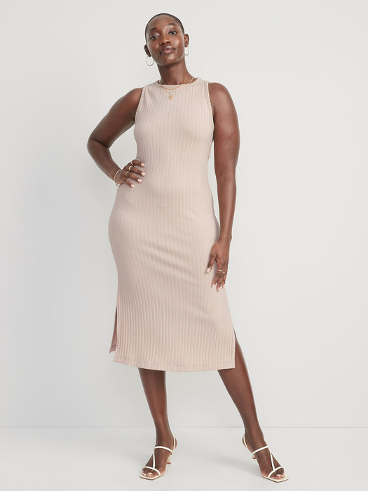 Fitted Sleeveless Rib-Knit Midi Sweater Dress for Women