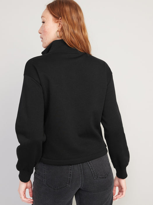 Mock-Neck Quarter-Zip Fleece Sweatshirt for Women - Black