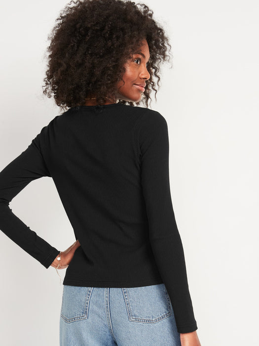 Fitted Long-Sleeve Rib-Knit Henley Top for Women