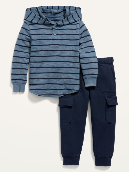 Textured Henley Hoodie and Fleece Cargo Pants Set for Toddler Boys - Blue
