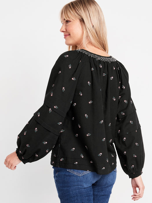 Puff-Sleeve Floral Smocked Poet Swing Blouse for Women
