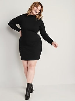 Fitted Rib-Knit Mock-Neck Mini Dress for Women - Black