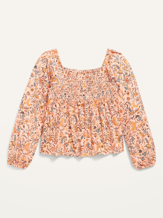 Smocked Floral-Print Jersey Long-Sleeve Top for Girls
