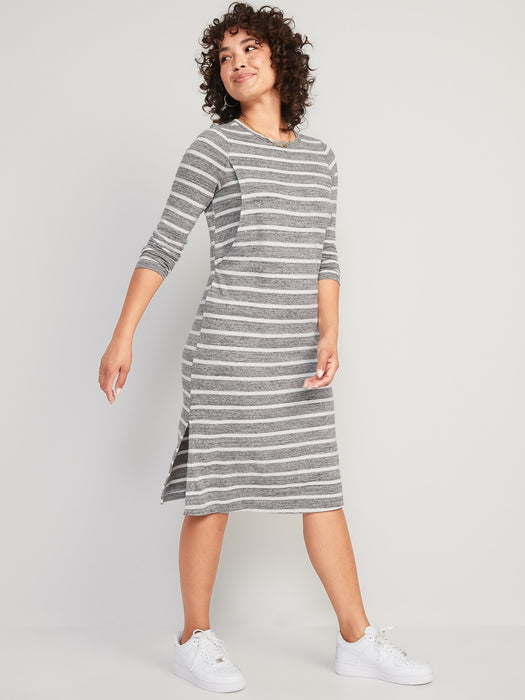 Maternity Long-Sleeve Striped Jersey-Knit Nursing Midi Dress
