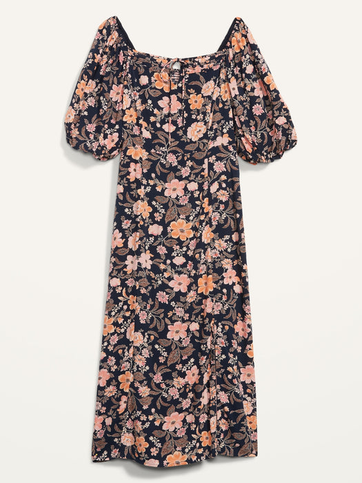 Puff-Sleeve Floral-Print Pintucked Smocked Midi Swing Dress for Women