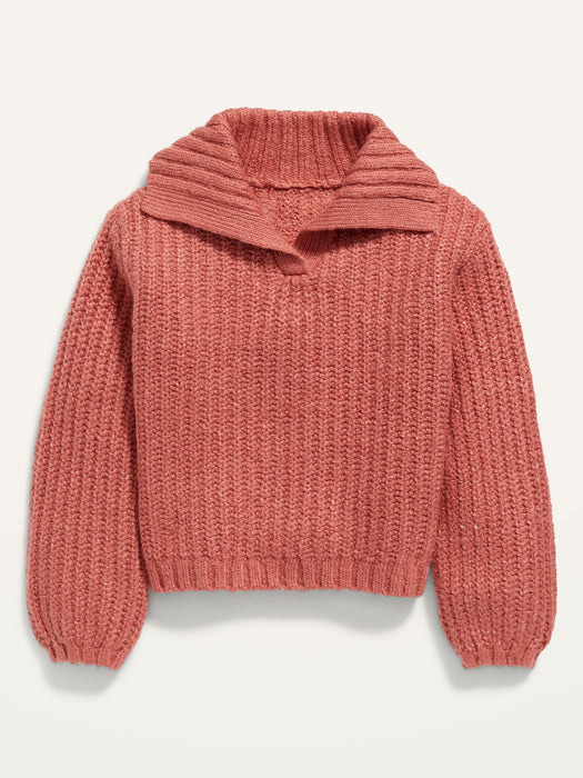 Shawl-Collar Shaker-Stitch Pullover Sweater for Toddler Girls - Red