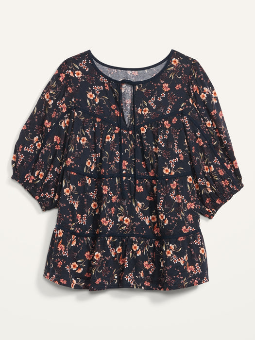 Puff-Sleeve Floral Tiered Swing Blouse for Women