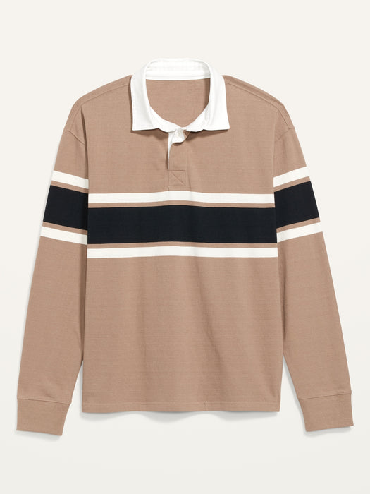 Loose Striped Gender-Neutral Long-Sleeve Rugby Polo Shirt for Adults - Brown